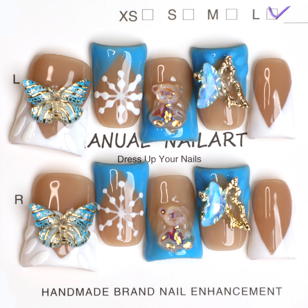 Whimsical Winter Nude & Blue Handmade Press-On Nails Reusable Full Cover Acrylic Fake Nails 10 Pcs