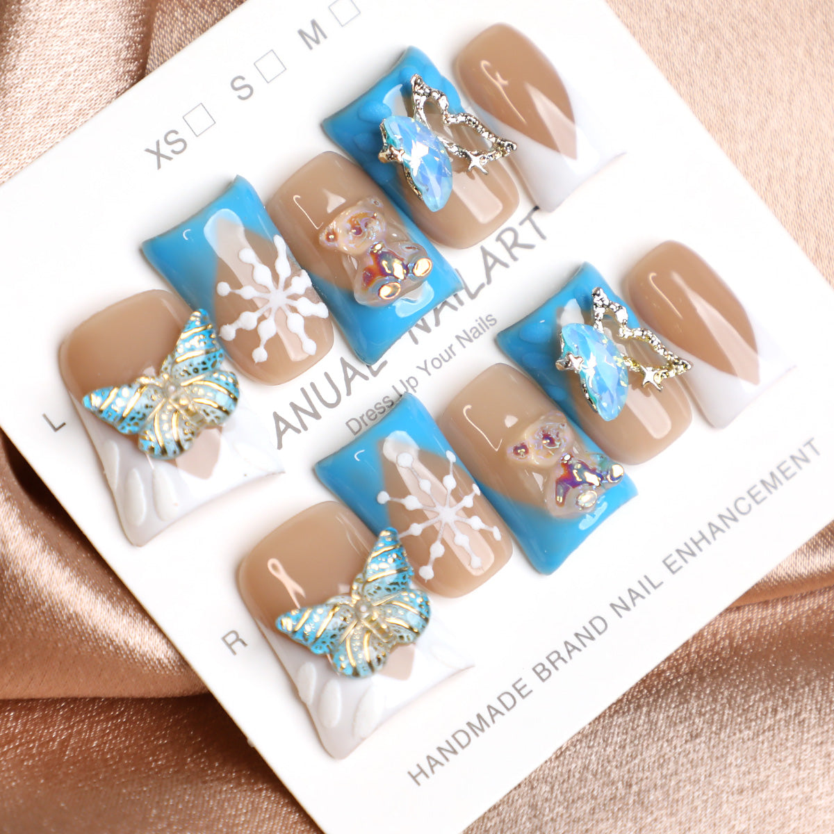 Whimsical Winter Nude & Blue Handmade Press-On Nails Reusable Full Cover Acrylic Fake Nails 10 Pcs