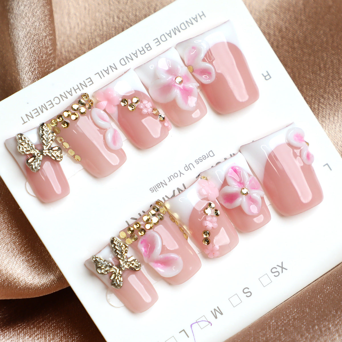 Butterfly Bliss Pink & Gold Handmade Press-On French Tips Nails Set