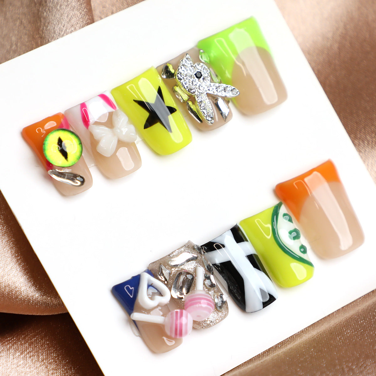 Cyber Y2K Neon Handmade Press-on Nails Set with Evil Eye & Heart Accents