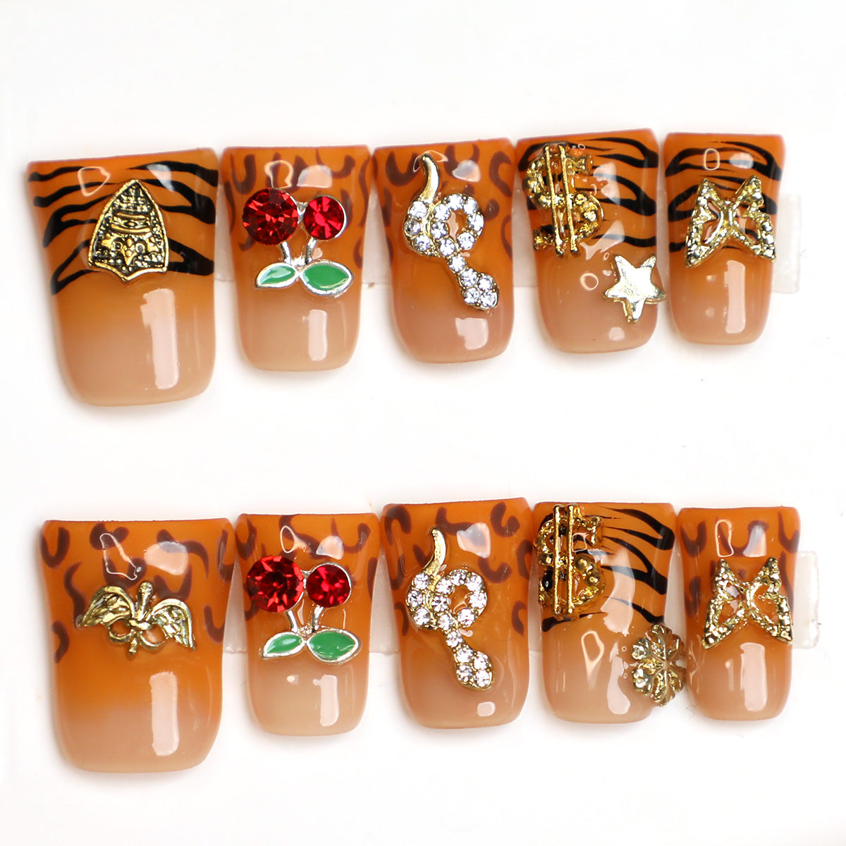 Tiger Luxe Brown French Tip Handmade Press-On Nails Reusable 10 Pcs Set