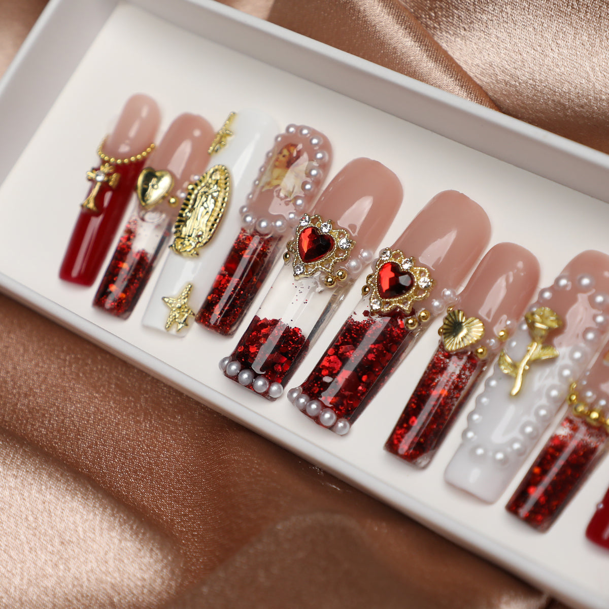 Angelic Reverie Handmade Press-On Nails Vintage Religious-Inspired Full-Cover Acrylic 1.7 Inch Water Nail Set