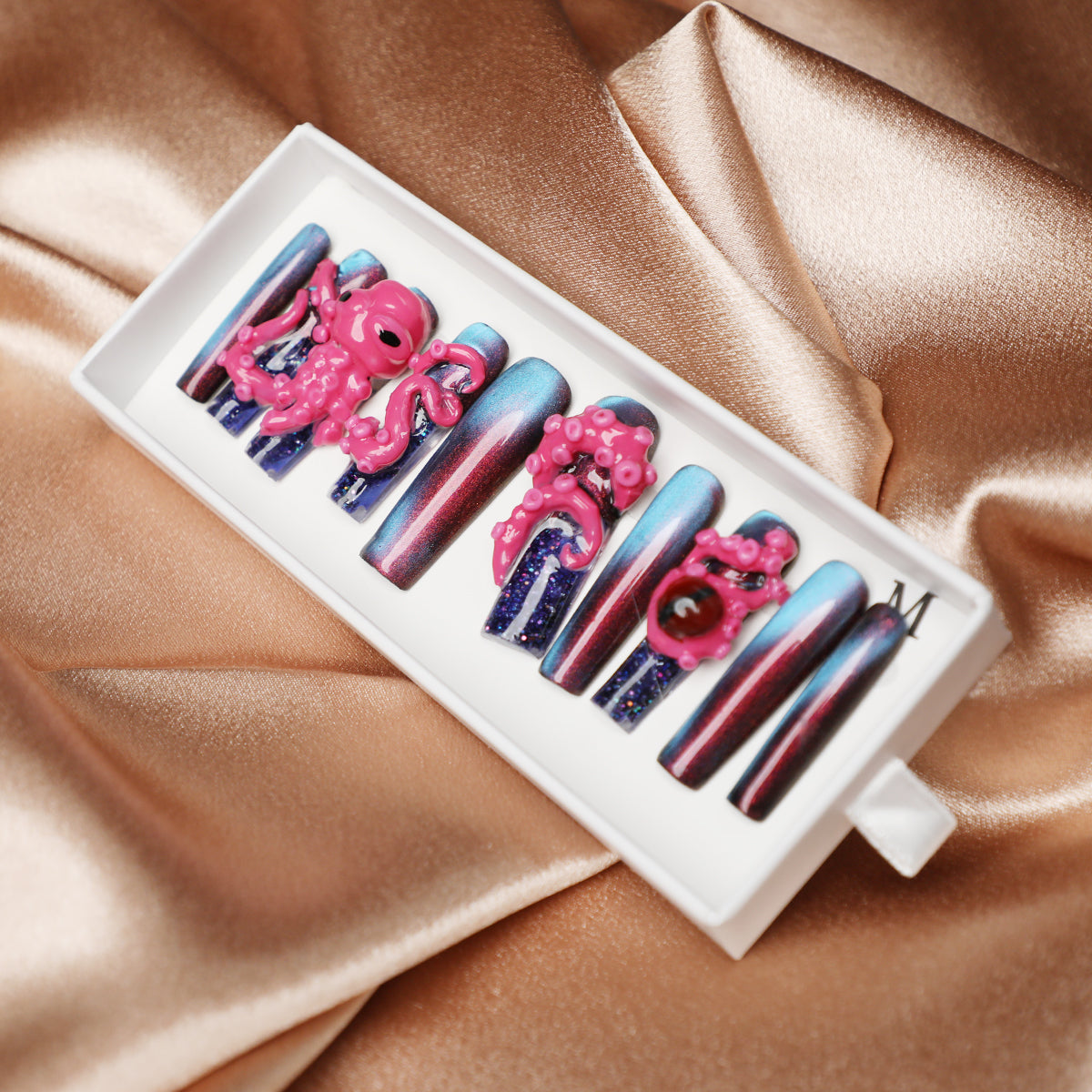 Midnight Kraken Handmade Press-On Acrylic Nails 1.7 Inch Long Water Nail