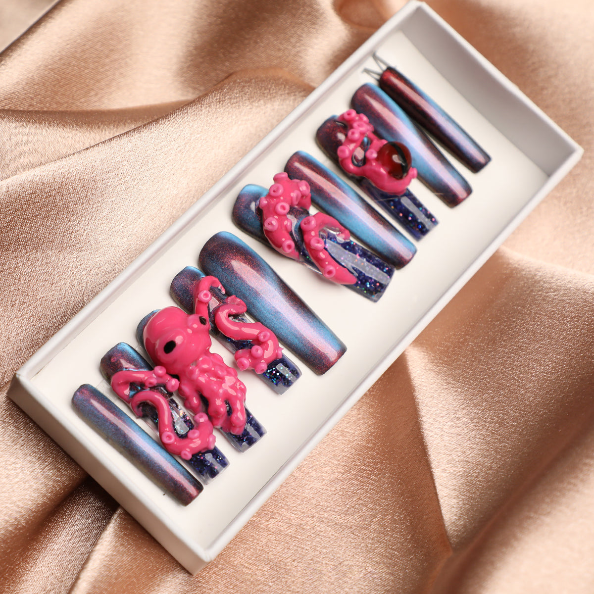 Midnight Kraken Handmade Press-On Acrylic Nails 1.7 Inch Long Water Nail