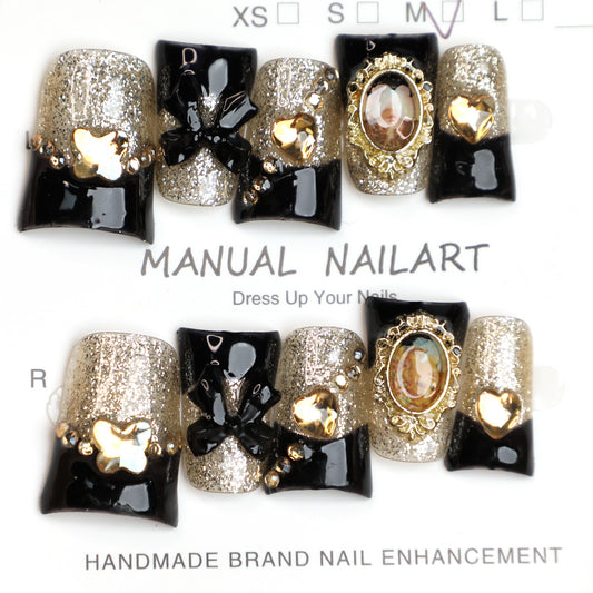 Vintage Glamour Black & Gold Handmade French Press-On Nails Reusable Handmade Full Cover Acrylic Fake Nails with Black Bows Golden Mirror Vintage Cameo Accents Perfect for Weddings Formal Events Glamorous Nights Out (10 PCS)