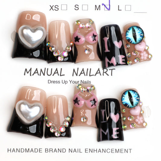 Self-Love Chic Nude & Black French Tip Handmade Press-On Nails Reusable Full Cover Acrylic Fake Nails 10 Pcs