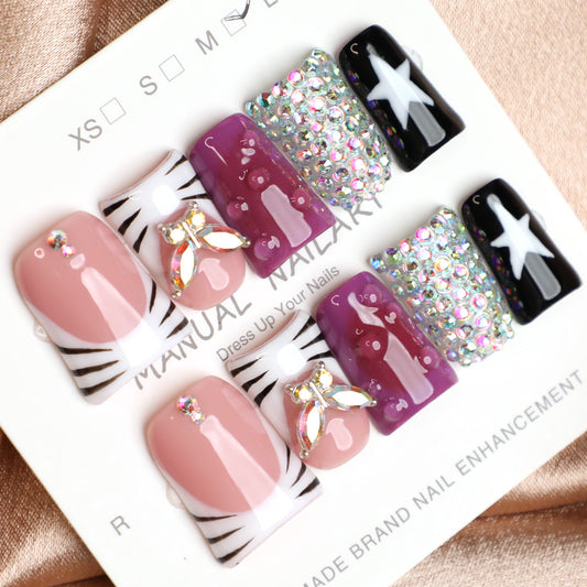 Bold Safari Pink & Magenta Handmade Press-On Nails – Reusable Full Cover Acrylic Fake Nails with Zebra Pattern, 3D Raindrop Accents, and Sparkling Rhinestones  Perfect for Parties Nights Out and Fashion-Forward Looks (10 PCS)