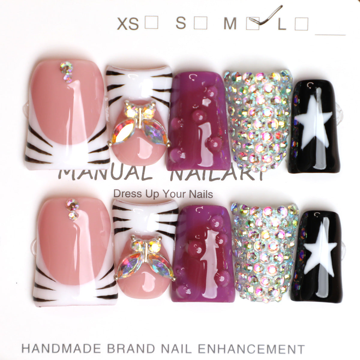 Bold Safari Pink & Magenta Handmade Press-On Nails – Reusable Full Cover Acrylic Fake Nails with Zebra Pattern, 3D Raindrop Accents, and Sparkling Rhinestones  Perfect for Parties Nights Out and Fashion-Forward Looks (10 PCS)