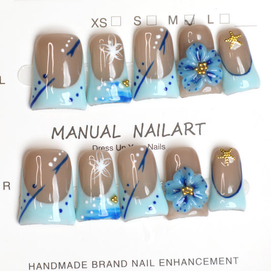 Luxury Blue Floral Handmade French Press-On Nails – Reusable Full-Cover Acrylic with Delicate Flowers, Glitter & 3D Accents, Perfect for Weddings, Parties & Everyday Elegance (10 PCS)