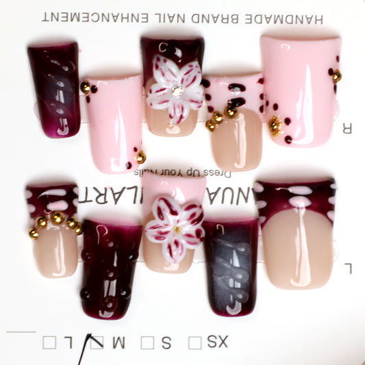 Romantic Luxury Handmade French Press-On Nails with Floral Art Burgundy & Pink Tone Reusable Full-Cover Acrylic Nail Set