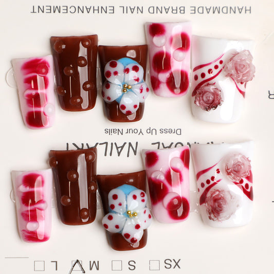 Raindrop Rose Handmade Press-On Nails Blended Raindrop Accents Full-Cover Reusable Acrylic  Nail Set (10 PCS)