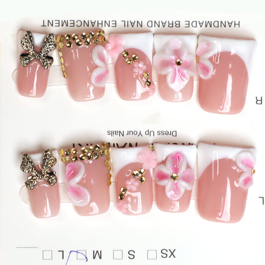 Butterfly Bliss Pink & Gold Handmade Press-On French Tips Nails Set