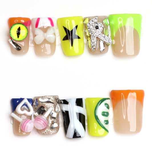 Cyber Y2K Neon Handmade Press-on Nails Set with Evil Eye & Heart Accents