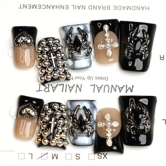 Vintage Charm Nude & Black French Tip Handmade Press-On Nails