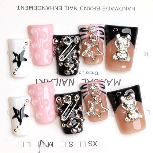 Elegant Luxury Handmade French Press-On Nails Reusable Handmade Full Cover Acrylic Fake Nails with Exquisite 3D Flowers and Sparkling Rhinestones Ideal for Weddings Parties and Date Nights (10 PCS)