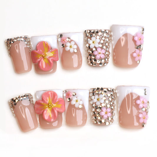 Sparkling Bloom Pink French Tip Handmade Press-On Nails Set
