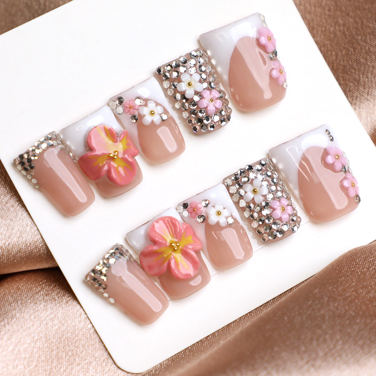 Sparkling Bloom Pink French Tip Handmade Press-On Nails Set