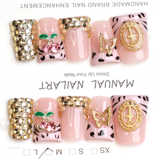 Sweet Cherry Nude & Crystal Pink French Tip Handmade Press-On Nails
