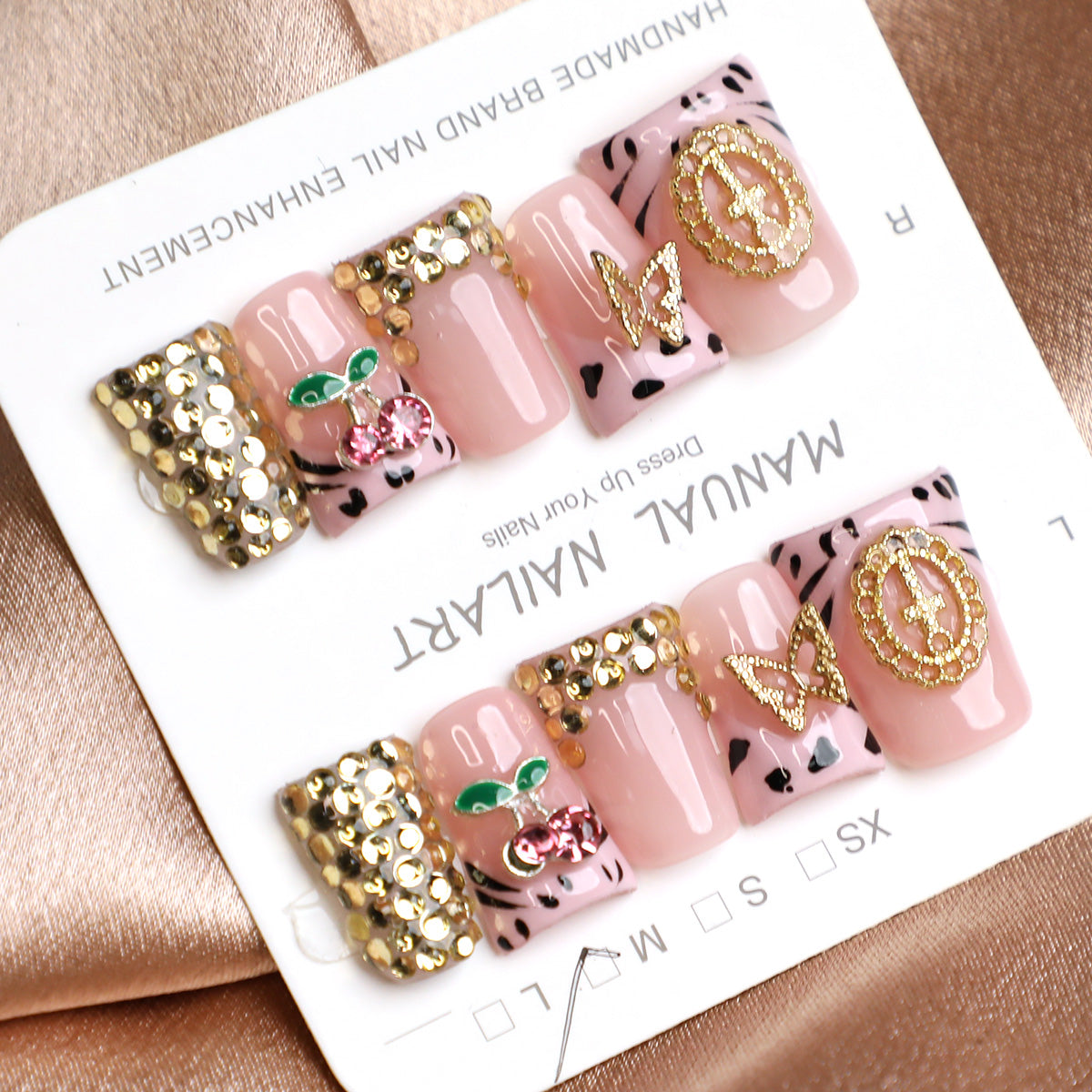 Sweet Cherry Nude & Crystal Pink French Tip Handmade Press-On Nails