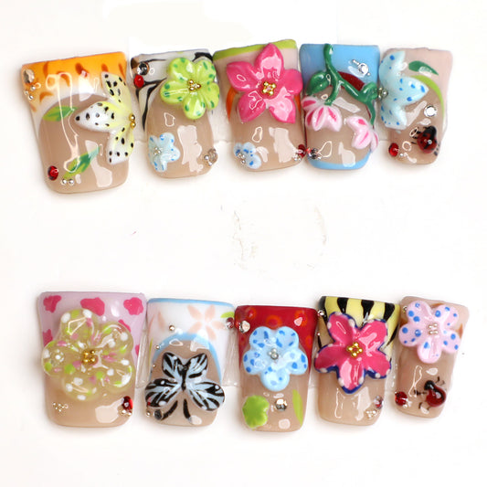 Summer Flower Nude French Tip Handmade Press-On Nails Set