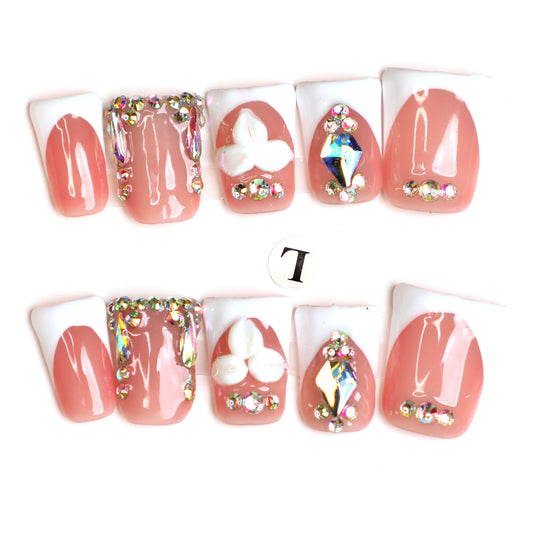 Elegant Sparkle Pink & White French Tip Handmade Press-On Nails Set For Daily Wear Holiday