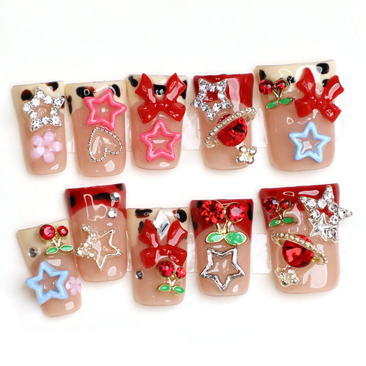 Sweet Scarlet Red French Tip Handmade Press-On Nails Full-Cover Acrylic Set