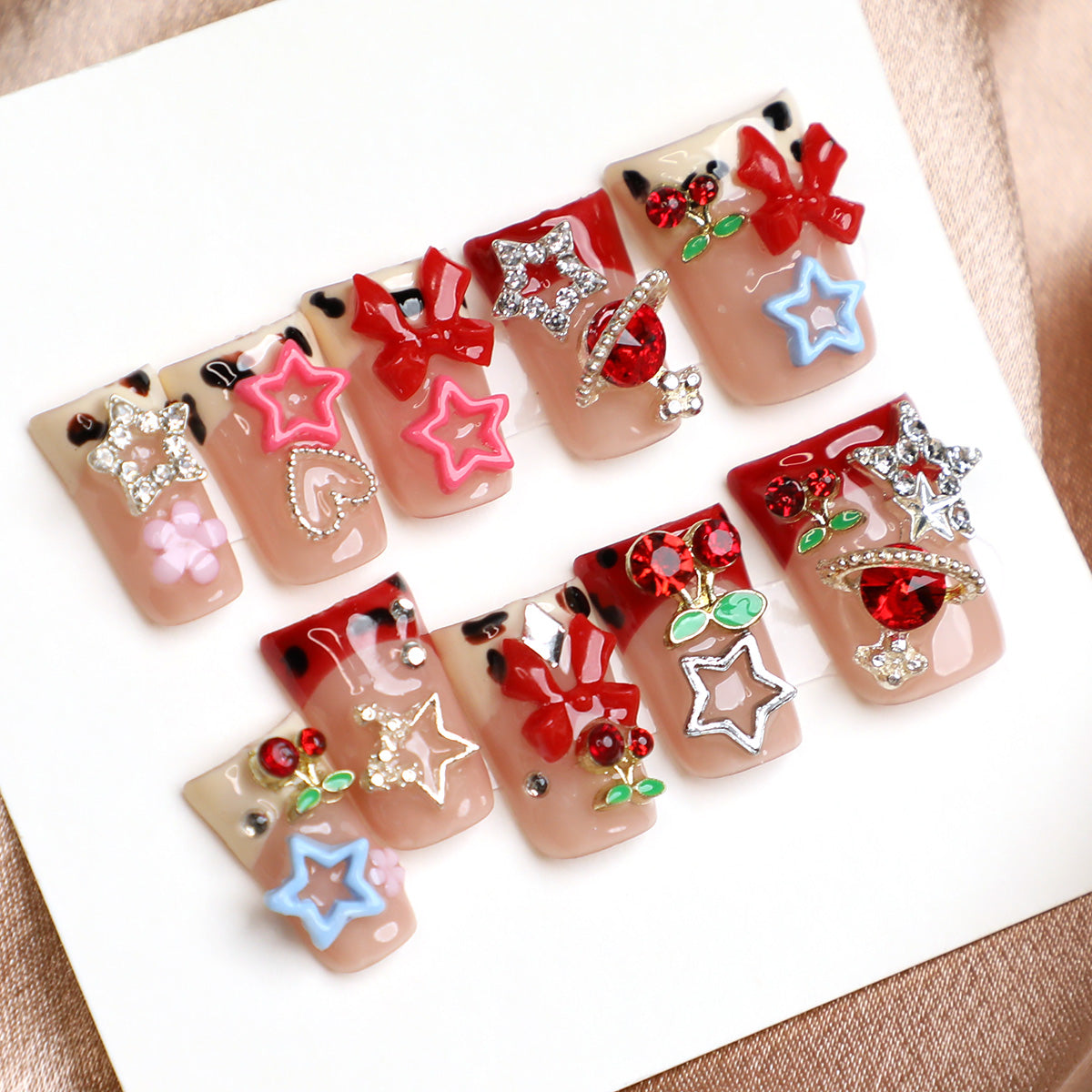 Sweet Scarlet Red French Tip Handmade Press-On Nails Full-Cover Acrylic Set