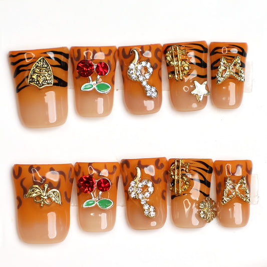 Tiger Luxe Brown French Tip Handmade Press-On Nails Reusable 10 Pcs Set