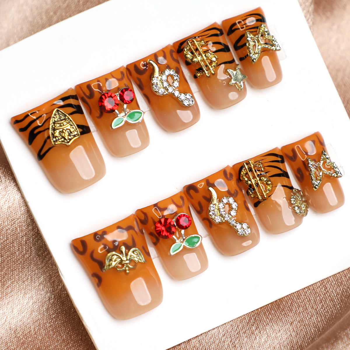 Tiger Luxe Brown French Tip Handmade Press-On Nails Reusable 10 Pcs Set