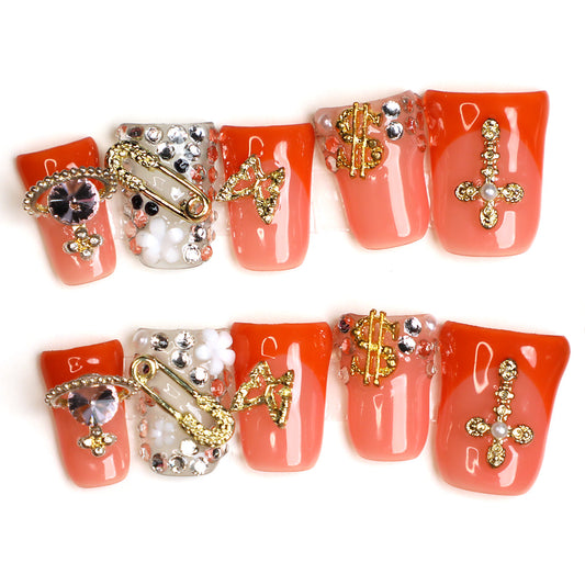 Sunset Glow Handmade Press-On Nails Full-Cover Acrylic Reusable 10 Sets