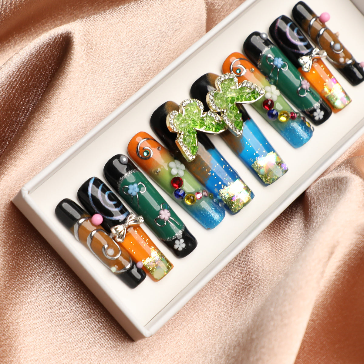 Vintage Enchanted Spin Butterfly 1.7 Inch Water Nail Handmade Press-On Nail Set