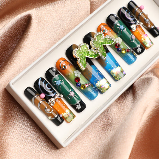 Vintage Enchanted Spin Butterfly 1.7 Inch Water Nail Handmade Press-On Nail Set