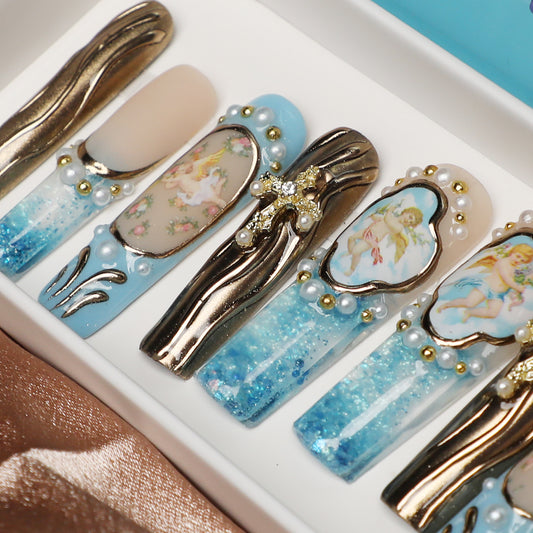 Celestial Garden Light Blue & Gold Handmade Press-On Nail 1.7 Inch Water Nail