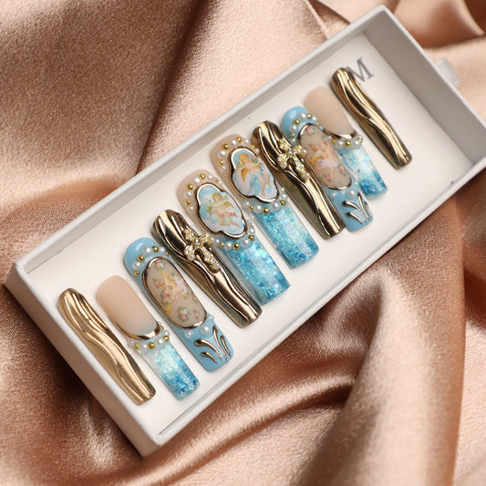 Celestial Garden Light Blue & Gold Handmade Press-On Nail 1.7 Inch Water Nail