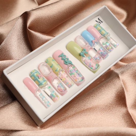 Sweet Pirouette Sugar Colored Handmade 1.7 Inch Press-On Water Nails Set