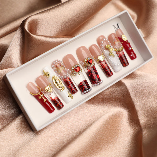 Angelic Reverie Handmade Press-On Nails Vintage Religious-Inspired Full-Cover Acrylic 1.7 Inch Water Nail Set