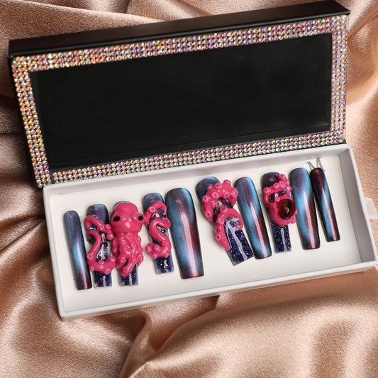 Midnight Kraken Handmade Press-On Acrylic Nails 1.7 Inch Long Water Nail